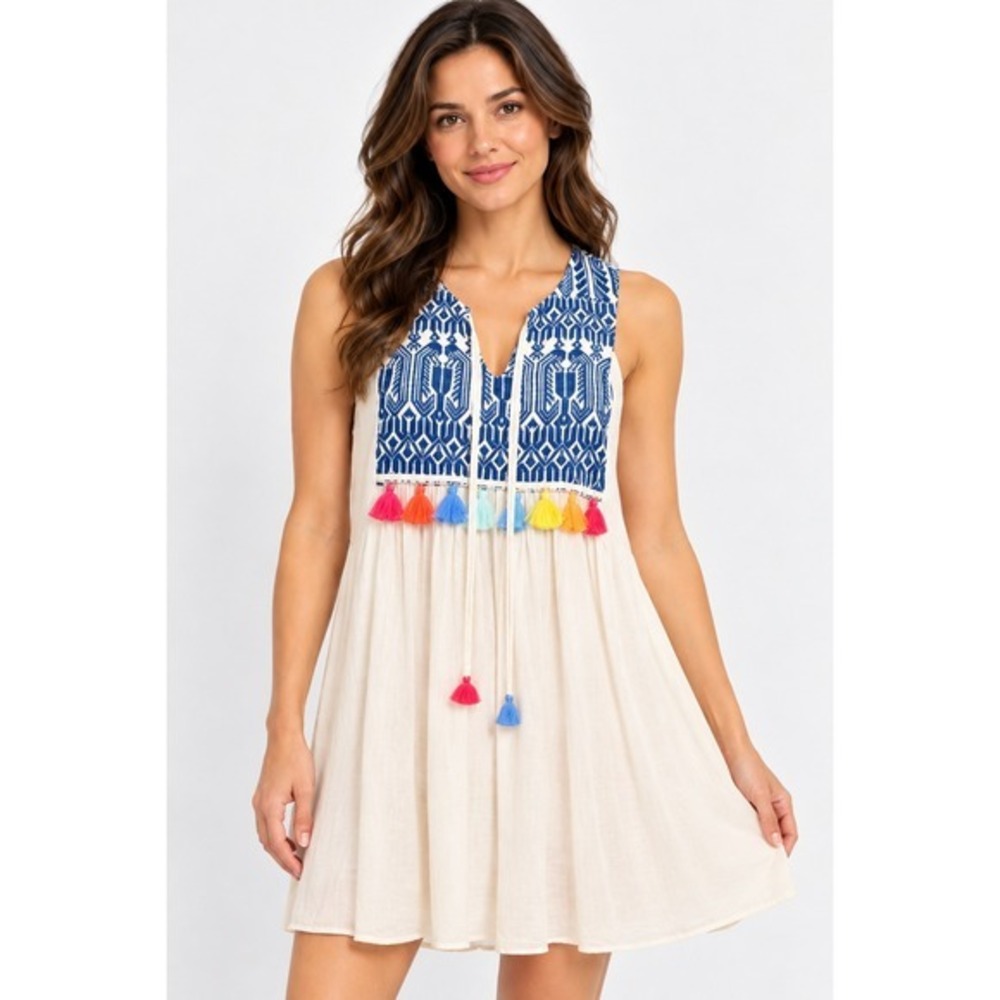 Judith March Mini Dress Womens Sm Cream Blue Embroidered Tassel Boho Sleeveless